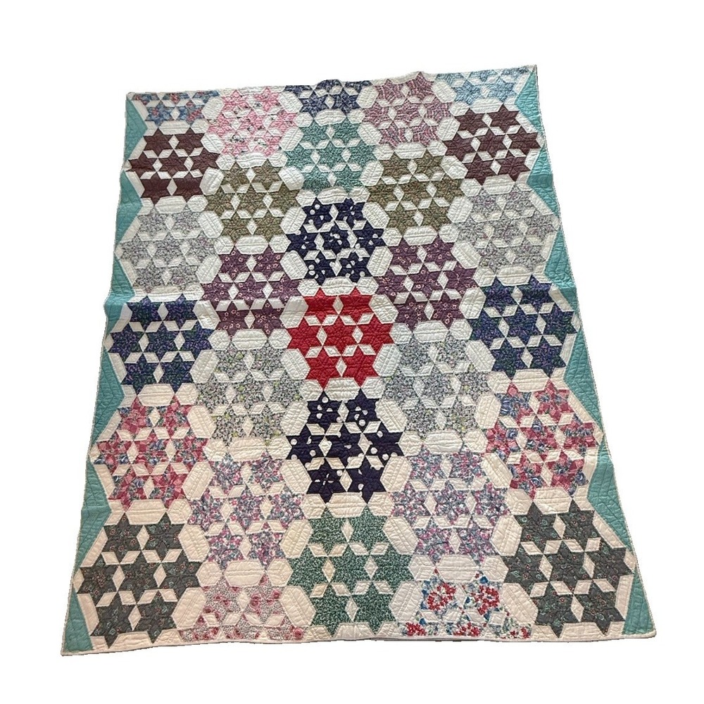 Vintage Hand Quilted Six Pointed Star Mosaic Patchwork Quilt Geometric 65x78